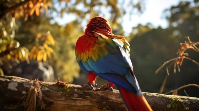 A vibrant parrot perched on a log framed by a blurred forest background