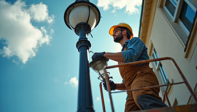 Electrician in overalls, hard hat installs lamp into street light fixture from aerial work platform. Technician performs maintenance task on sunny summer day against blue sky with clouds. Urban