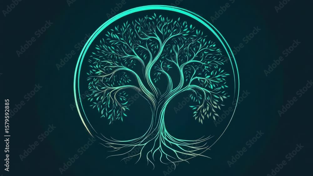 Poster a tree is shown in the center of a circle. the tree is surrounded by leaves and branches