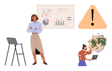 Businesswoman reviewing analytics charts, graphs. Nearby individual with laptop examining global concerns. Large alert sign included. Ideal for analytics, teamwork, problem-solving, global issues