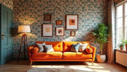 Eclectic living room features bold patterned wallpaper, vibrant orange sofa as focal point. Mismatched furniture, plants, floor lamp, framed art complement stylish, contemporary interior design.