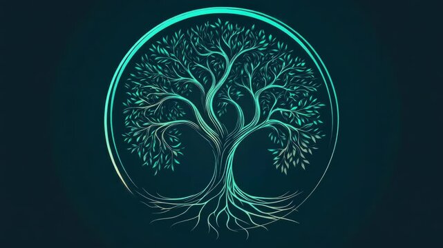 A tree is shown in the center of a circle. The tree is surrounded by leaves and branches