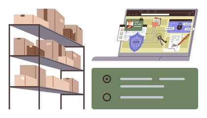 Laptop displaying cybersecurity tools, storage shelves with boxes, and a server module. Ideal for e-commerce, logistics, inventory, supply chain, cybersecurity, data management simple flat metaphor