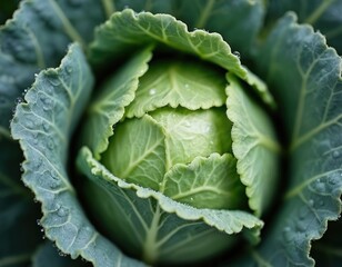 Vibrant green cabbage with glistening dew drops, showcasing its fresh, crisp texture. This organic vegetable, grown in a farm, highlights natural beauty and healthy food ingredient details.