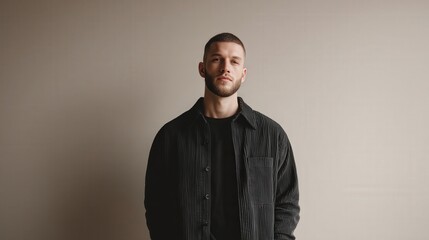 Fototapeta premium Confident Young Man in Casual Attire Posing Against a Neutral Background