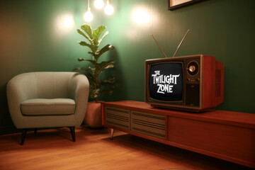 Retro Living Room Setup Featuring Vintage Television Playing 'The Twilight Zone' in Cozy Green Atmosphere