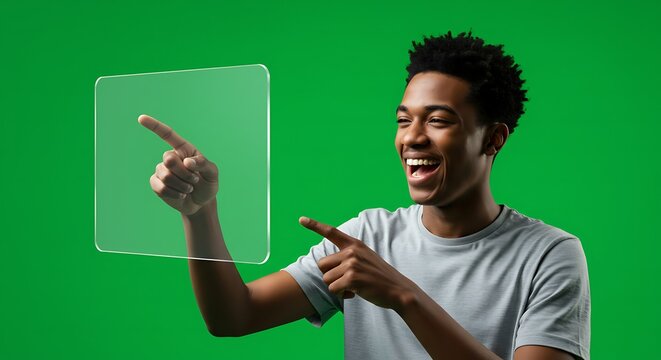 Man interacting with a transparent digital screen - Powered by Adobe