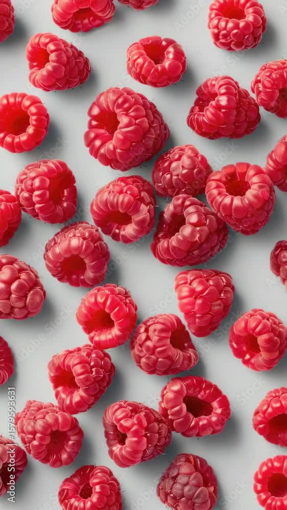 Poster a close up of a bunch of red raspberries. the raspberries are in a row and are all the same size