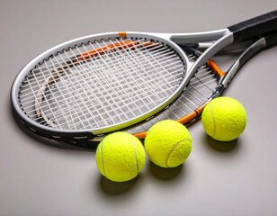Two tennis rackets and three bright yellow tennis balls on a gray surface