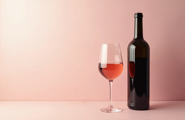 Elegant glass filled with rose wine sits beside a dark wine bottle. Soft pink background with ample copy space for text or branding. Perfect for restaurant menus, wine shops or event promotions.