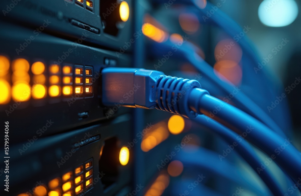 Poster close-up of data center rack with blinking orange lights and a blue ethernet cable plugged into a se