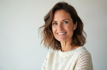 Fototapeta premium Portrait of happy, attractive mid-40s woman with confident smile. Wears white knitted sweater, looks directly at camera. Isolated on plain white background, image emphasizes natural beauty,
