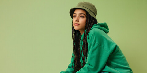 Cool young woman in green hoodie and bucket hat, sitting against a soft green background.