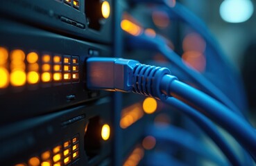 Close-up of data center rack with blinking orange lights and a blue ethernet cable plugged into a server. Focus on network infrastructure, digital information transfer, and modern computer technology.
