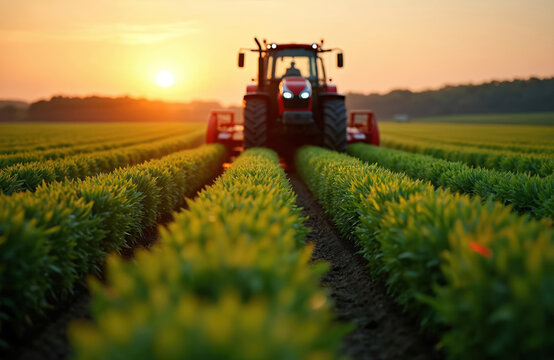 Red tractor operates in rich green field during golden hour sunset. Advanced agriculture vehicle merges technology with farming for efficient crop production. Scene promotes modern agribusiness,
