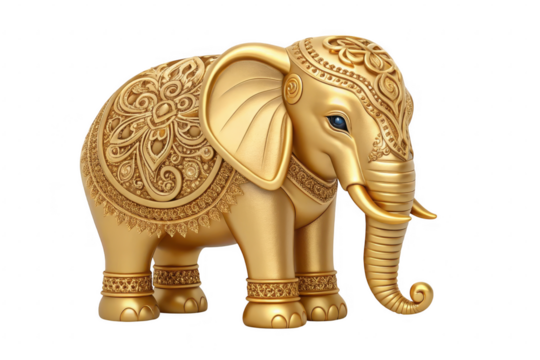 Golden ornate elephant statue isolated on transparent background