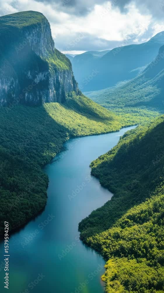 Poster a river runs through a valley with trees on both sides. the water is clear and calm. the mountains i