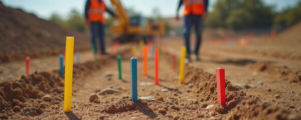 Surveyors use colored stakes to mark ground shifts on construction site. Precision land assessment, planning vital for development project. Men at work with surveying equipment ensure accurate