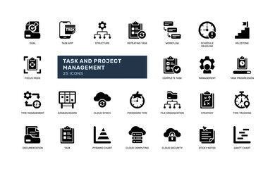 Solid glyph icons for project task workflow and time tools