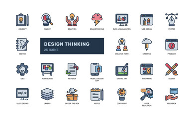 Design thinking icons in colorful outline style for creative process