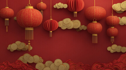 Red and gold Chinese New Year background with lanterns and clouds