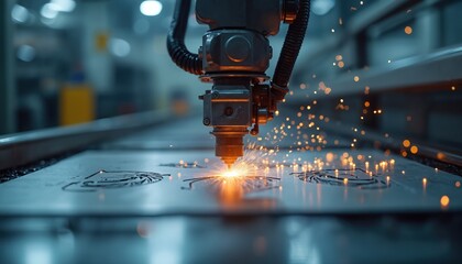 Automated robotic arm precisely etches designs onto stainless steel sheet in modern factory assembly line. Advanced laser cutting technology drives precision manufacturing, industrial production with