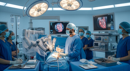 Medical team performing heart surgery with robotic arms in high-tech operating room