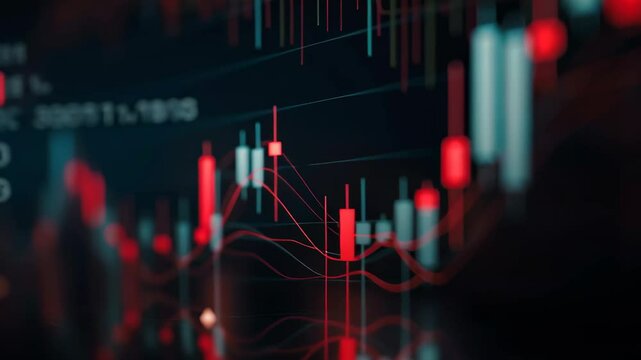 Red and blue candlestick chart on dark background. Financial market downturn. Stock exchange trading.