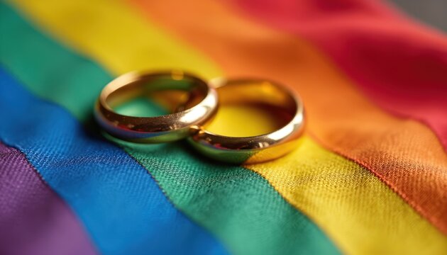 Two gold wedding rings rest on rainbow LGBT flag love marriage equality. Image represents partnership commitment celebration happiness together affection bond connection joy support colorful identity.