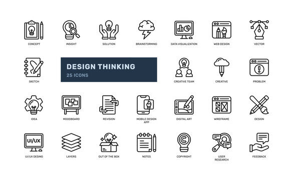 Outline stroke icons of design thinking and user-centered ideas