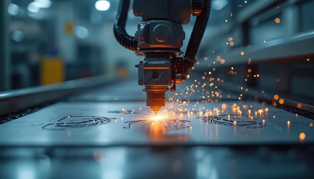 Automated robotic arm precisely etches designs onto stainless steel sheet in modern factory assembly line. Advanced laser cutting technology drives precision manufacturing, industrial production with