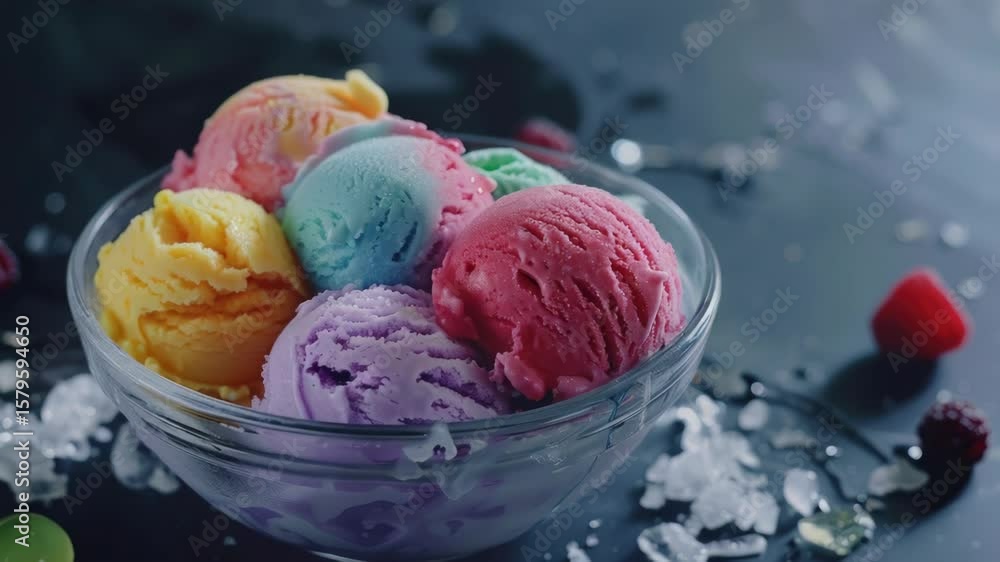 Poster a bowl of ice cream with a drizzle of syrup. the ice cream is multicolored and includes flavors such