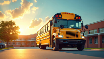 Iconic yellow school bus parked before school building at sunrise. Bright morning light illuminates vehicle, signaling start of academic year. Concept for back to school, student commute, educational
