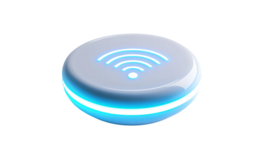 Compact smart home hub with glowing wireless icon symbolizing connected technology and modern automation isolated on transparent background PNG