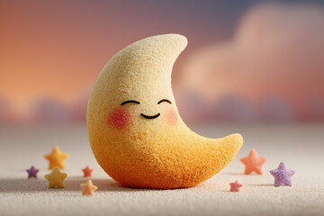 Smiling Crescent Moon with Stars in Pastel Night Sky