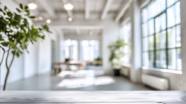 Office blurred background with white walls and natural light, space for content overlay