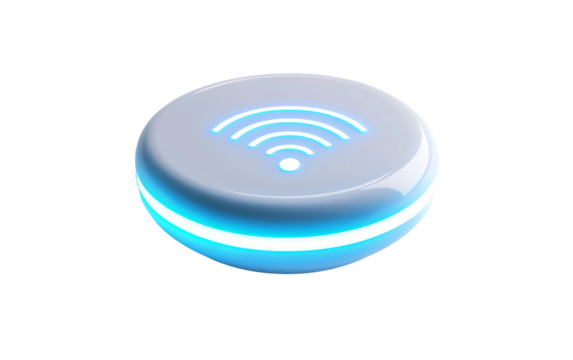 Compact smart home hub with glowing wireless icon symbolizing connected technology and modern automation isolated on transparent background PNG