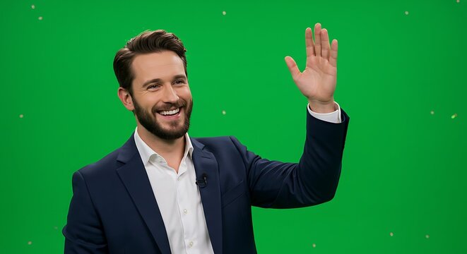 Man smiling and greeting friendly gesture studio portrait