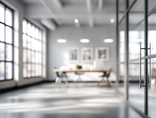 Office blurred background with white walls and natural light, space for content overlay