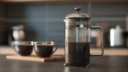 French press with dark roasted coffee in contemporary kitchen