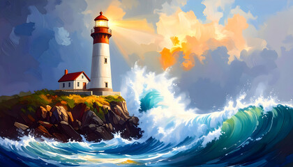 Coastal Lighthouse Beacon Amidst Crashing Waves and Dramatic Skies Painting