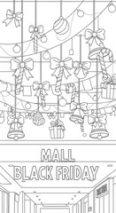 Fototapeta premium Black friday mall decorations featuring bows candy canes bells and gifts isolated on transparent background