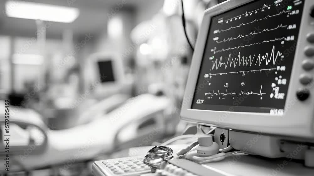 Aufkleber a monitor is on a desk in a hospital room. the monitor is showing a heart rate. there is a keyboard 