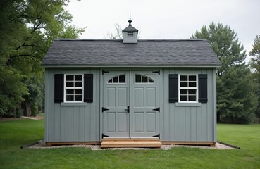 New gray wooden shed with black shutters, double doors, window panes. Structure gray asphalt shingle roof, sits on green lawn surrounded by trees. Perfect for backyard storage, gardening equipment