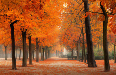 Fototapeta premium A picturesque autumn scene of trees with vibrant red and orange leaves,