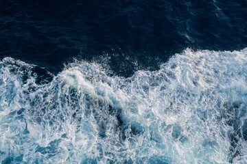 Sea water splash with foamy wave. Water surface texture. Tropical islands ferry travel. Cruiseliner trail. Ocean background. White water of sea. Marine travel banner template. Seaside vacation concept