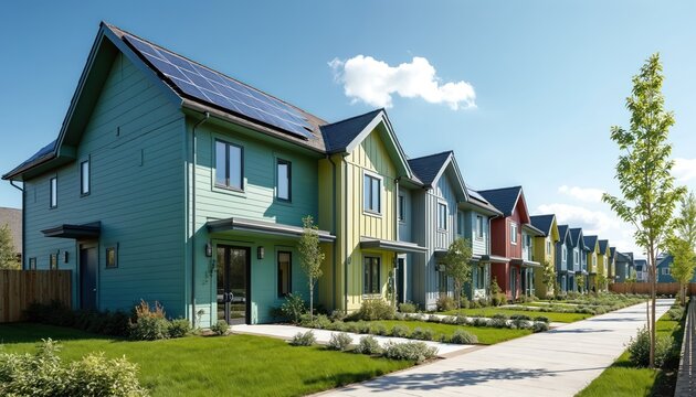 Row of colorful, modern affordable housing units featuring eco-friendly design, community spaces. Solar panels adorn roofs, enhancing sustainability. Urban residential development offers attractive,