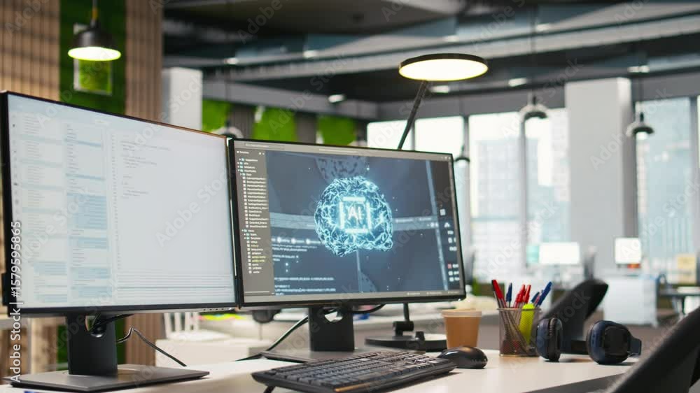 Fototapete pc on office desk used to design and implement algorithms enabling deep learning. artificial intelli