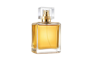 Perfume bottle with golden liquid isolated on transparent background