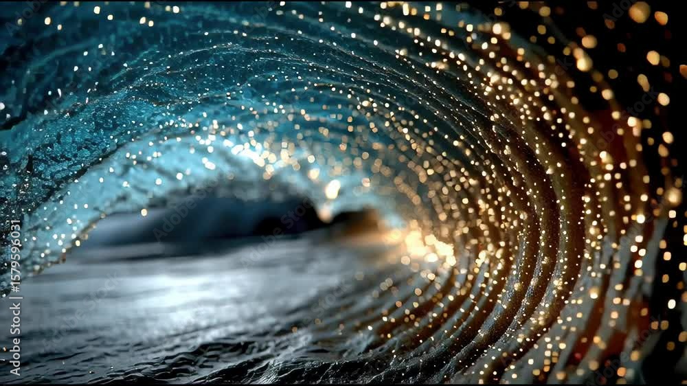 Poster abstract view of tunnel illuminated by glittering particles and reflections, creating a dynamic sens